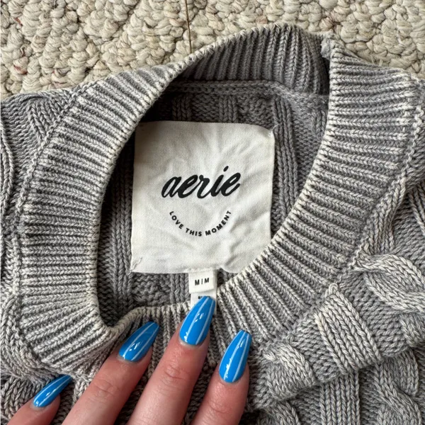 aerie Gray Cropped Cable Crewneck Sweater - Image 2