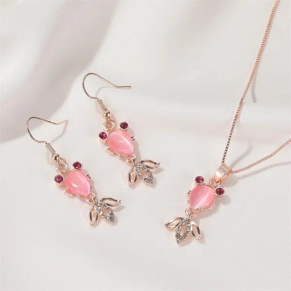 14K Rose Gold Plated Gold Fish Jewelry Set Fish Pendant Necklace Pink Crystal Fish Dangle Drop Earrings(2pcs/set) - Image 2