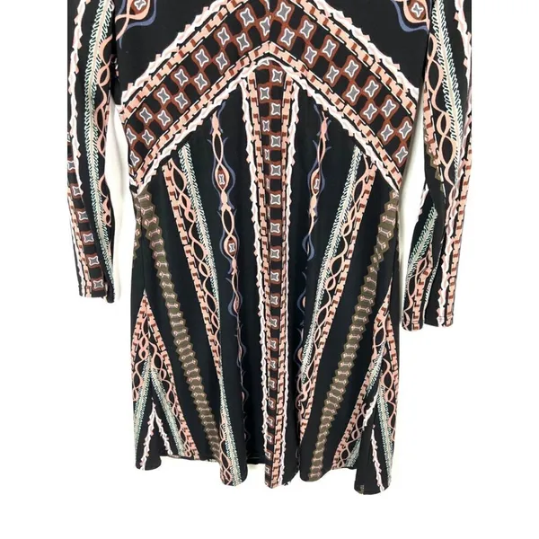 Free People Long Sleeve Geometric Print Mini Dress Black Rust‎ Front Zip Size M - Image 3