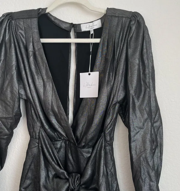 L'Academie The Dore Silver Front Tie Long Sleeve Mini Dress - Image 9