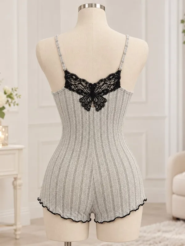 Khaki Gray Ribbed Lace Butterfly Back Lounge Romper NWT Size Small - Image 2