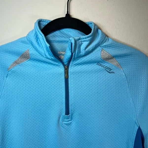 Saucony Athletic 1/4 Zip Pullover Shirt Blue Running Reflective Zip Pocket Small - Image 2