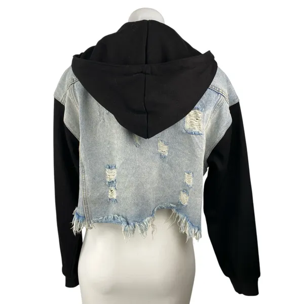 Dance & Marvel Blue Black Hoodie Hooded Distressed Crop Denim Jean Jacket Size S - Image 2