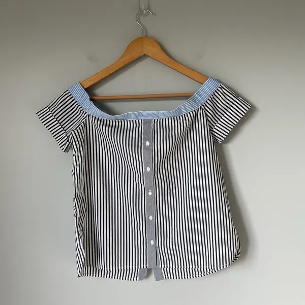 Bailey 44 False Start Short-Sleeve Off-the-Shoulder Shirt Blue Stripes Size 0 - Image 2