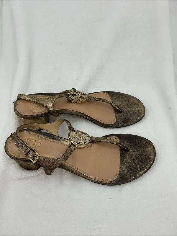 Tory Burch Metallic Bronze Logo T-Strap Sandals b57 - Image 2