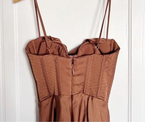 House of CB • Myrna Chocolate Satin Corset Slip Dress brown bustier boned bodice - Image 14