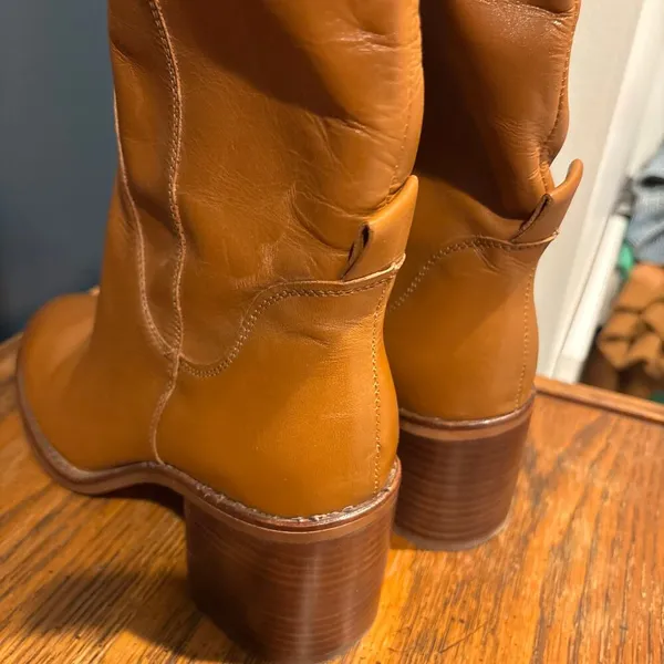 Zara Leather Knee High Block Heel Pull On Boots - Image 12