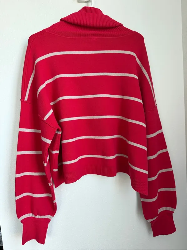 Free People Red & Cream Striped Turtleneck Sweater - Image 4
