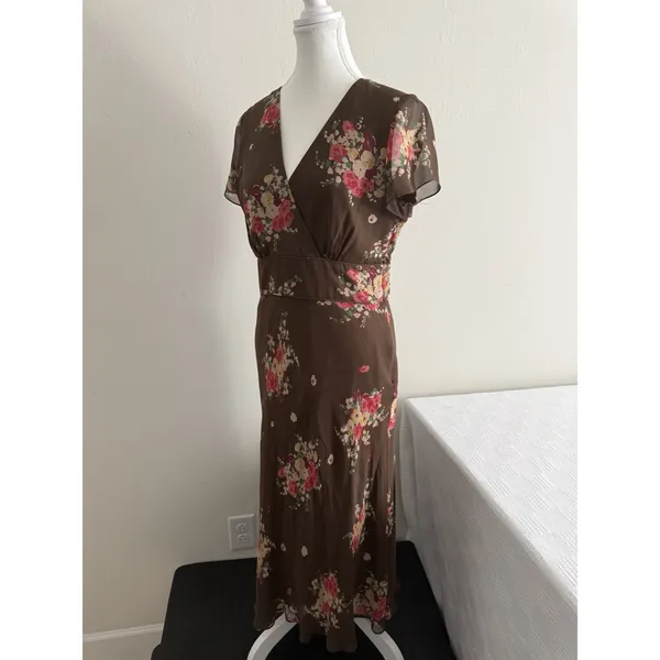 David Warren Silk Floral Midi Dress Brown Y2K 90s Empire Waist Cap Sleeve‎ 8 EUC - Image 3