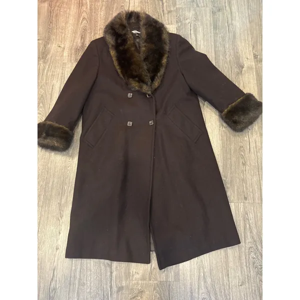 Vintage JP 1893 Women's Wool Brown‎ Faux Fur Trim Double Breasted Coat Size 8 - Image 5