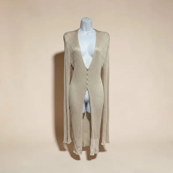 Free People Vie Boheme Cardi Sandcastle Tan Ribbed Knit Slit Cardigan Large L - Image 4