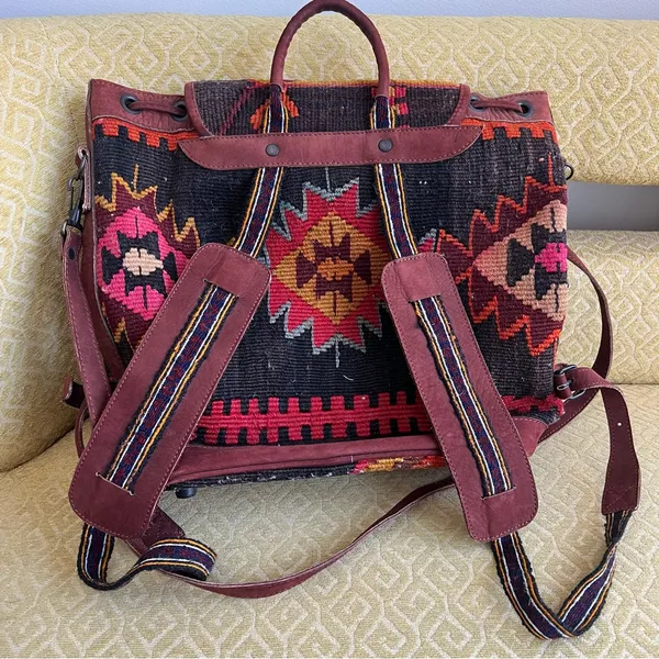 EM May Kilim Wool and leather backpack bag Red - Image 2