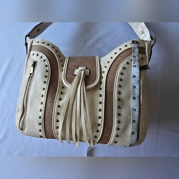 Western‎ Style Embossed Ivory/Tan Shoulder Bag - Image 10