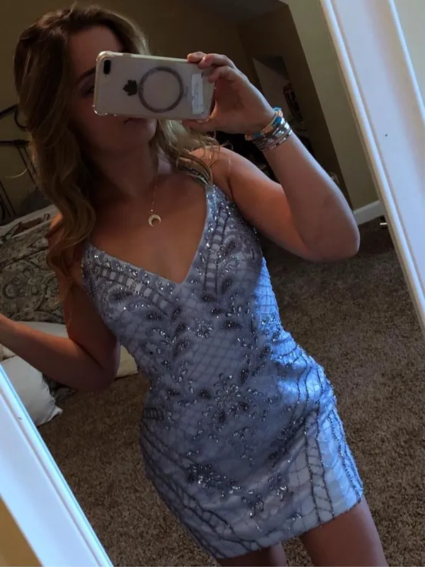 Sherri Hill Light Blue Beaded Homecoming Dress - Image 7