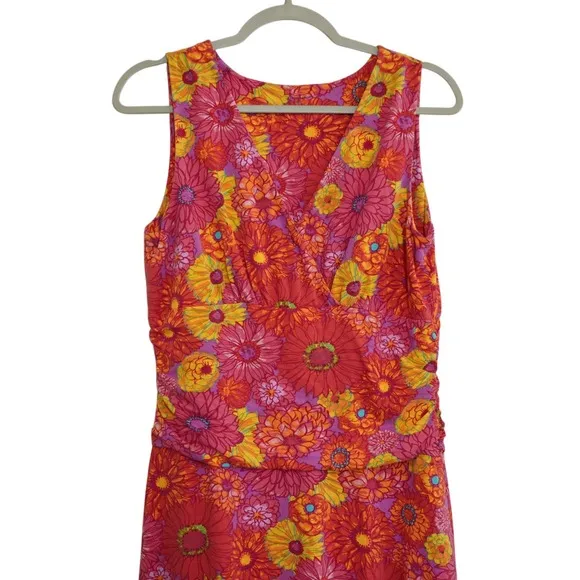 Garnet Hill Medium Midi Dress Pink Orange Floral Sleeveless Faux‎ Wrap Ruched - Image 2