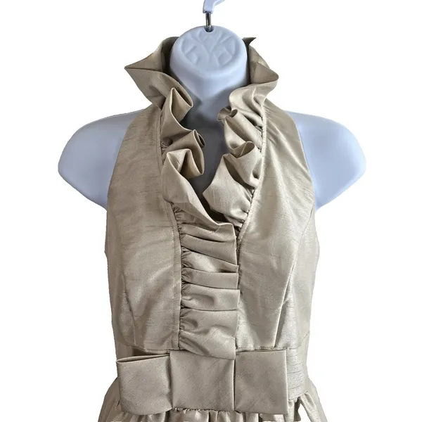 Alfred Sung Champagne‎ Gold Ruffled Halter Cocktail Dress Sz 0 Bow Waist Detail Knee Length - Image 2