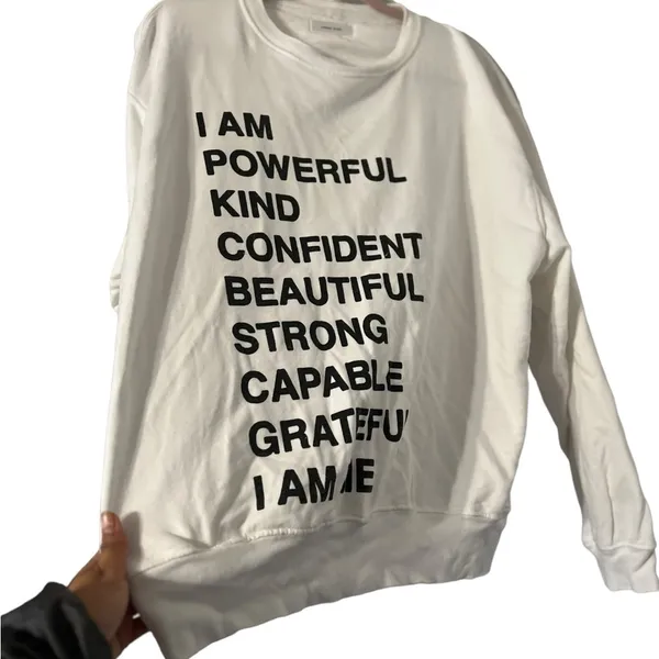ANINE BING Empowered White Graphic Mockneck Sweatshirt Sweater Pullover Top - Image 6