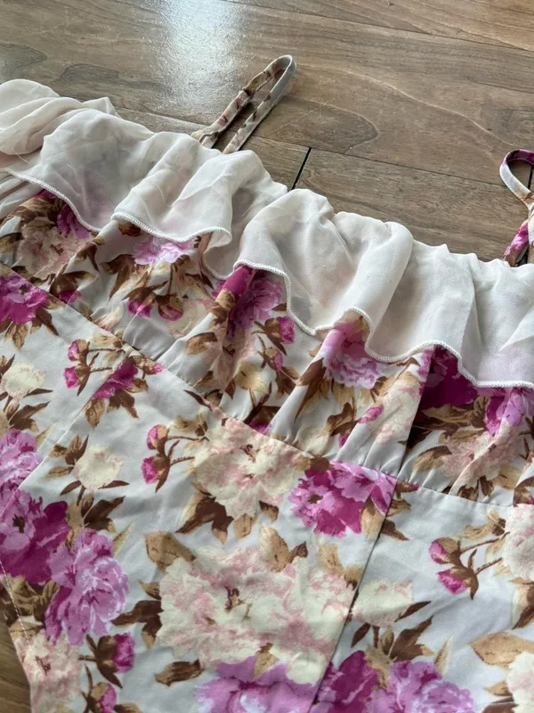 Floral Pink Off-Shoulder Crop Top with Sheer Bell Sleeves - Image 2