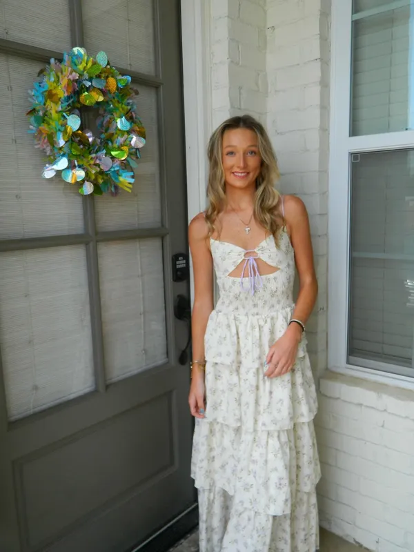 Lucy in the Sky Cream Maxi Dress with Lavender Floral Print - Image 2