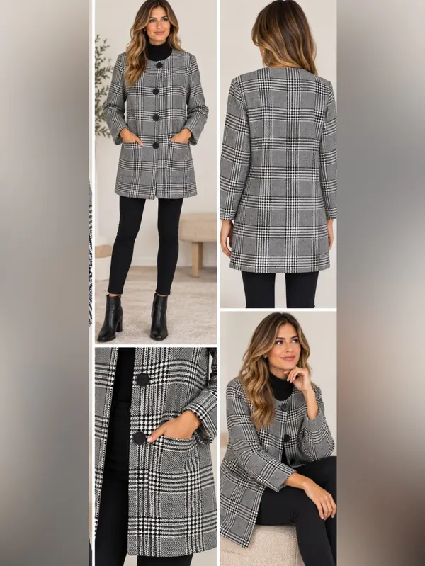 Zara Black & White Plaid Long Coat - Classic Women's Jacket Fall - Image 5