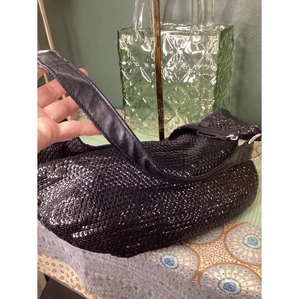 Giannini Black Sequin Hobo Shoulder Bag‎ with Scarf Accent Faux Leather Strap - Image 5