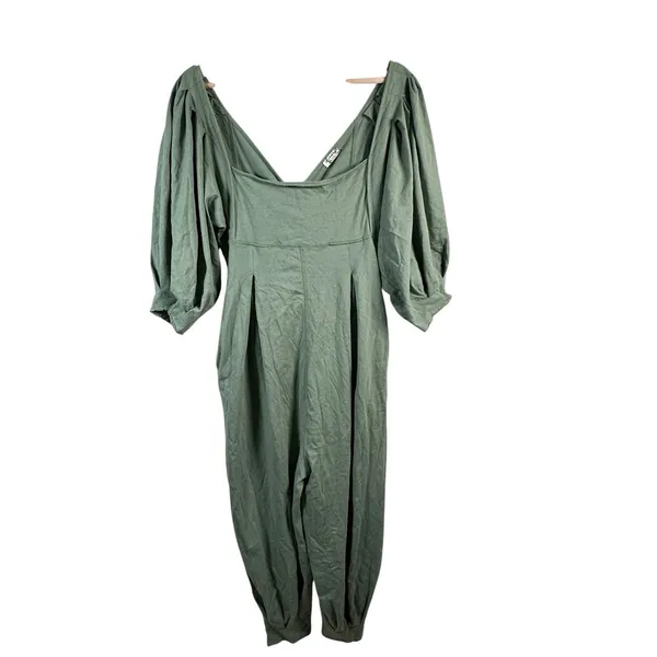 Free People Lotta Love Romper XS Sage Green Puff Sleeve Pleated Reversible Boho - Image 2