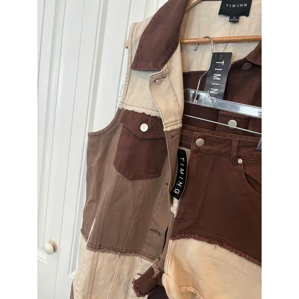 Timing Brown‎ And Tan Patchwork Denim Vest And Shorts Size Medium - Image 4