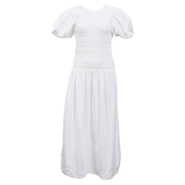 Ganni Smocked Poplin Midi‎ Dress in White Organic Cotton - Image 4
