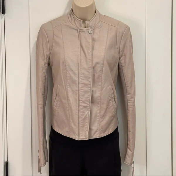 Free People Cool and Clean Faux Leather Moto Jacket 0 Pink Sand Biker Boho Chic - Image 5