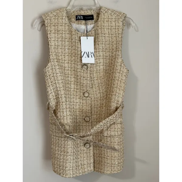 Zara Tweed Vest Women Medium Gold Metallic Belted Longline Sleeveless Jacket NEW - Image 3