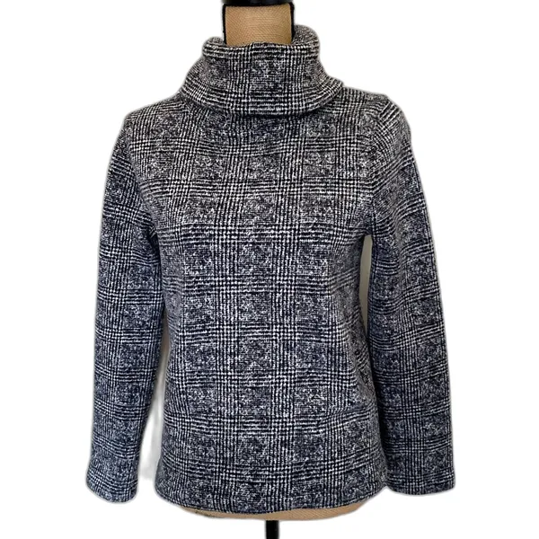 J. Crew Glen Plaid Funnel Neck Thick Fleece Pullover Black Gray Size Small‎ - Image 2