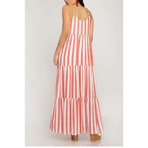 She + Sky Womens Striped‎ Adjustable Strap Tiered Maxi Dress White Coral Medium - Image 4