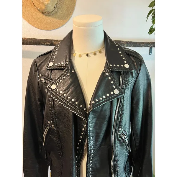 Free People Black Vegan Leather Moto Studded Zip Up Jacket Size XS Oversized - Image 2