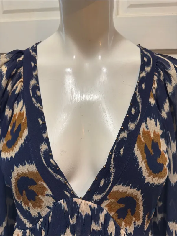FARM Rio Pineapple Blue Ikat Maxi Dress Boho Long Sleeve Altered Length Small - Image 4