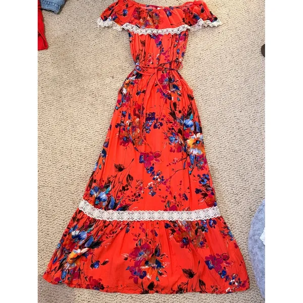 Floral Off Shoulder Maxi Dress Coral Orange Boho Resort Lace Trim Medium Umgee - Image 2