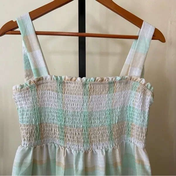 Moon River Tiered Ruffle Smocked Midi Dress Striped Plaid Boho Sleeveless Size S - Image 2