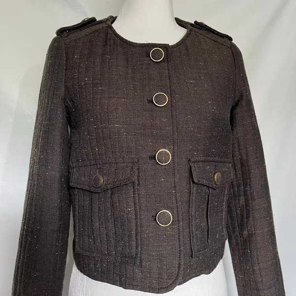 Cartonnier Tweed Equestrian Women Jacket Sz 4 Brown Preppy Cropped Anthropologie - Image 13