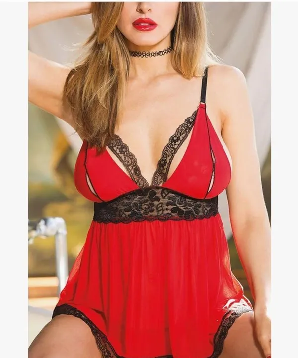 Vibrant Red Chemise Baby doll with Black Lace Trim XL - Image 5