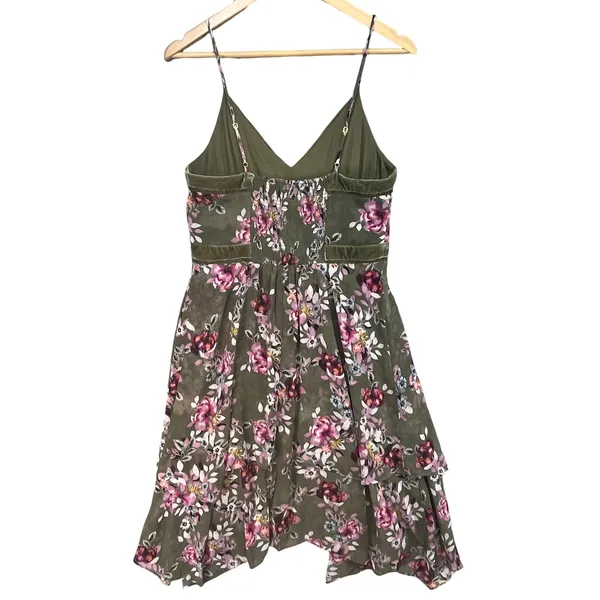 White House Black Market Olive Green Floral‎ Handkerchief Hem Midi Dress Size 8 - Image 2