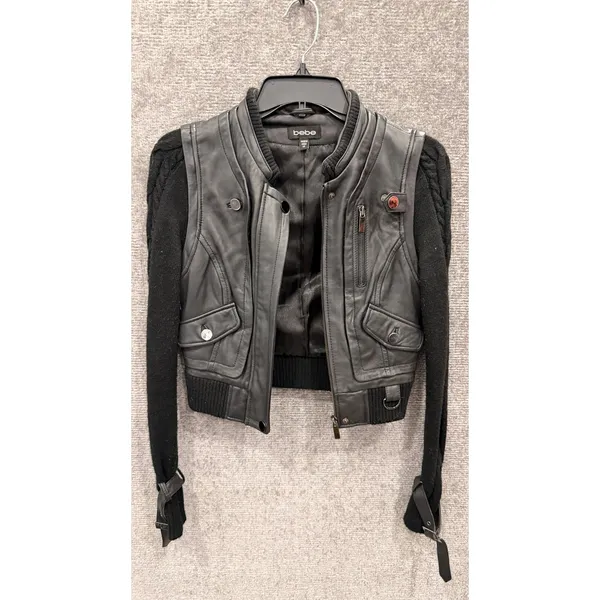 Vintage Bebe Women Jacket XS Black Leather Moto Fabric Sleeves Y2K - Image 7