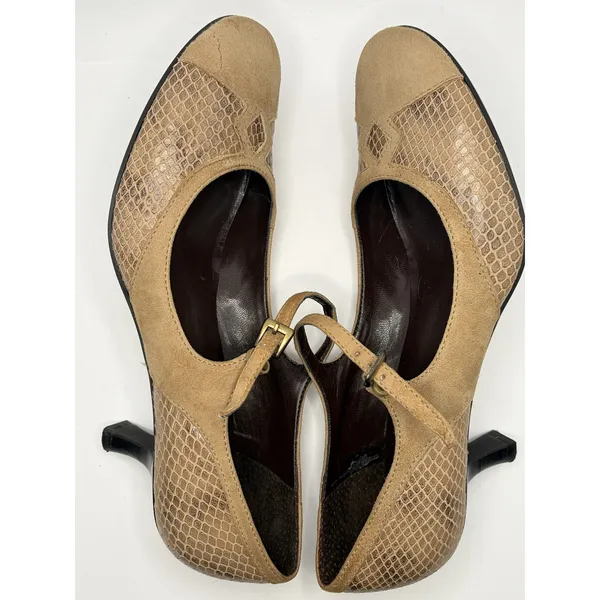 Franco Sarto Womens Mary Jane Pumps Tan Suede Snakeskin Embossed Heel Size 7M - Image 5