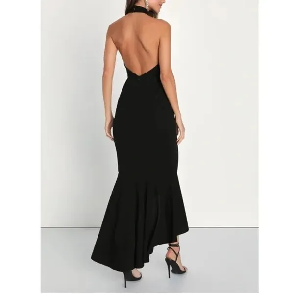 NWT Lulus Elegant Grace Sleeveless Tiered Halter High-Low Maxi Dress L Black - Image 5