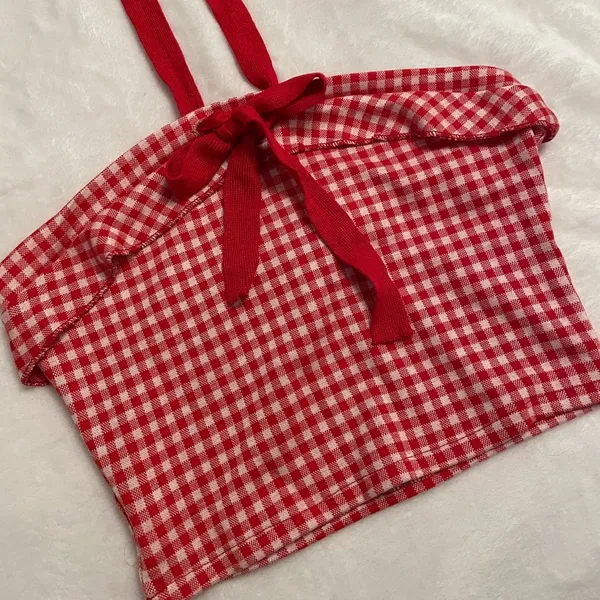 Cottagecore Farmhouse Babydoll Summer Red White Plaid Halter Ribbon Crop Top - Image 3