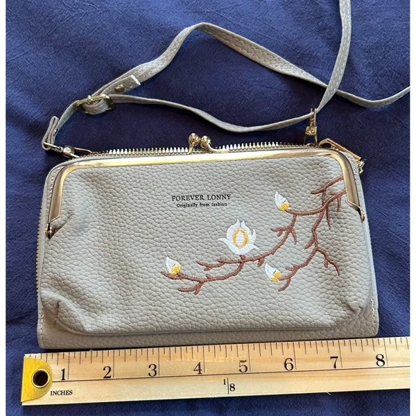 Forever Lonny Floral Embroidered Crossbody Wallet Bag Grey with Gold Hardware - Image 3