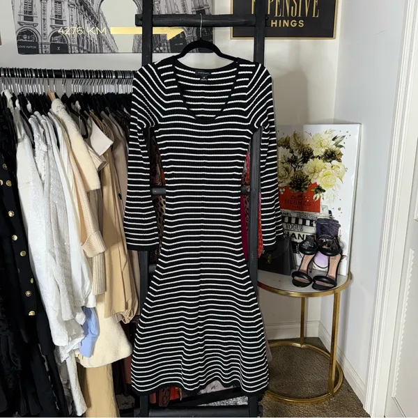 Club Monaco Black And White Striped Ribbed Midi Sweater Dress With Bell Sleeves - Image 5