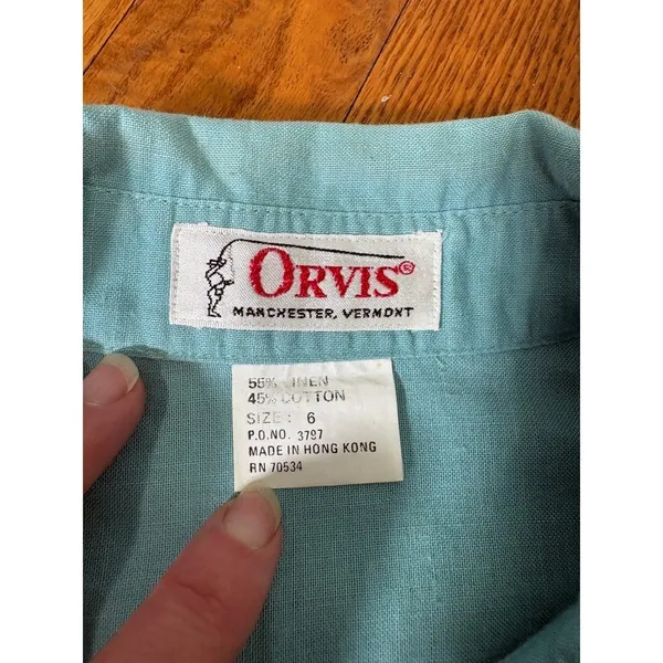 Vintage Orvis Short Sleeve Linen Cotton Blend Button Front Shirt Teal Blue Sz 6‎ - Image 4