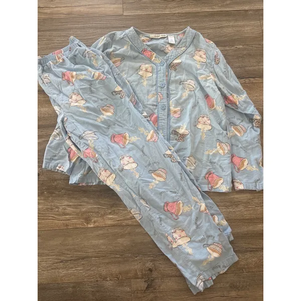 Planet Sleep Womens Blue Cotton Flannel Tea Cup Pajama Set Size Medium - Image 2