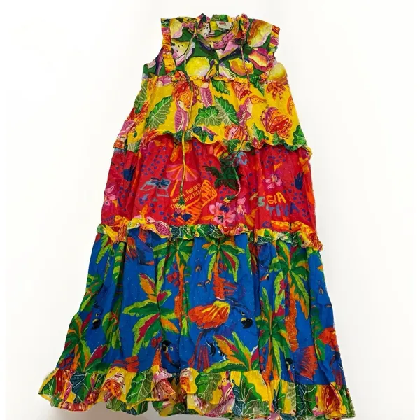 Farm Rio Dress Size Large Tiered Maxi Beaded Mixed Print Floral Anthropologie - Image 3
