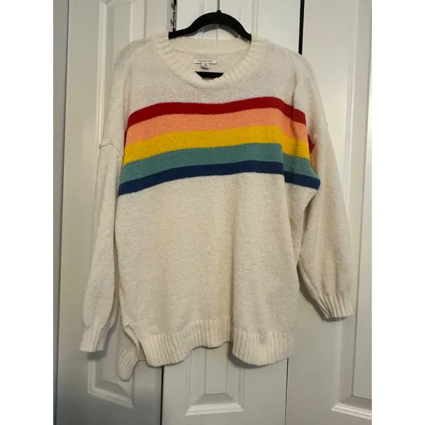 American Eagle‎ Womens Rainbow Striped Knit Sweater Cream Pullover XS XSmall - Image 2