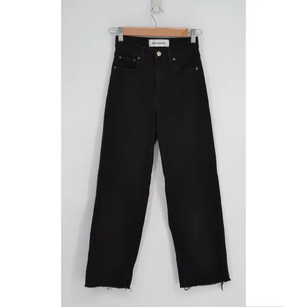 Reformation Stretch Flood Jeans Wash Black Womens 24 Wide Leg Raw Hem High Waist - Image 2